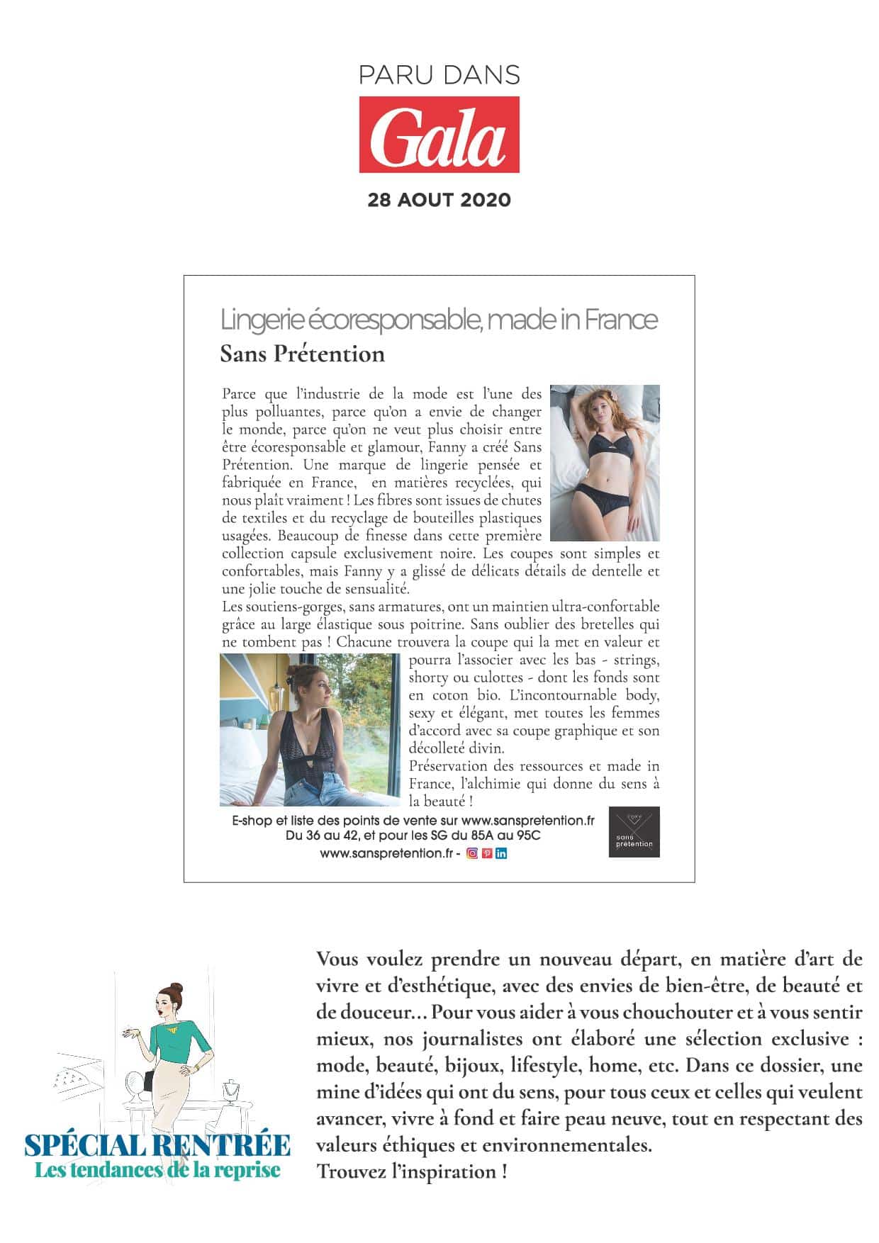 Article de Sans Prétention, lingerie éco-responsable et fabriquée en France dans la magazine Gala du 27/08/2020