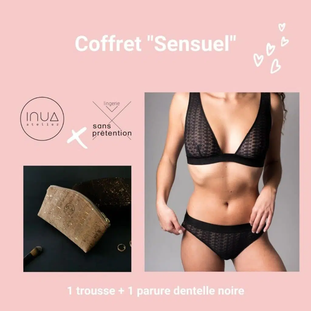 Coffret Saint Valentin Sensuel comprenant la lingerie sexy made in France Sans Prétention et la trousse à maquillage Vegan Atelier Inua
